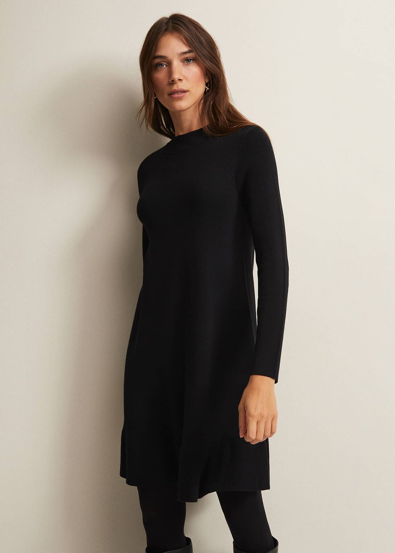 Black Fine Knit Mini Dress with Long Sleeves | Phase Eight